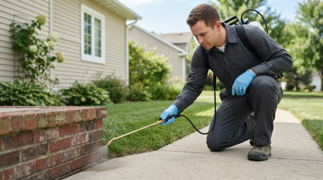 Pest control technician treating a home near Bow, NH